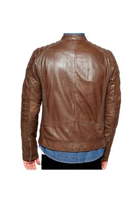 Men's brown genuine leather tailored look moto biker jacket 2