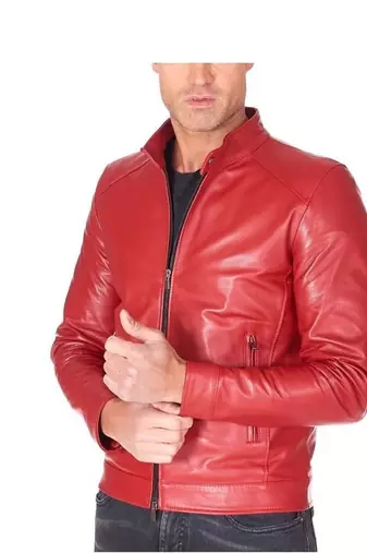 Men's red leather street style genuine biker jacket