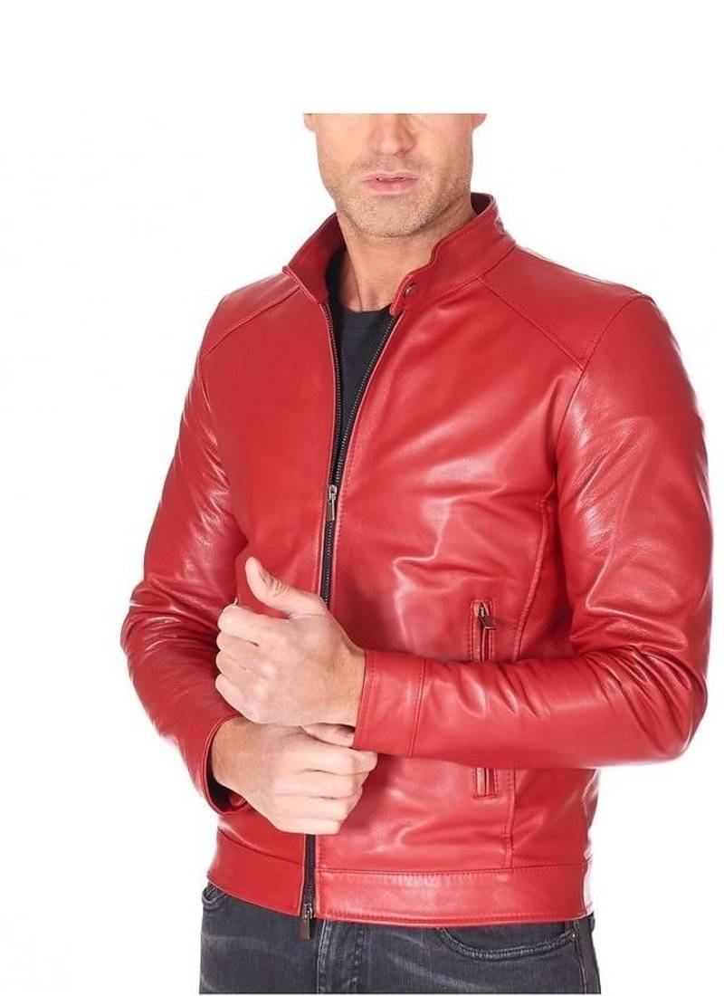 Men's red leather street style genuine biker jacket