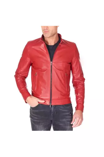 Men's red leather street style genuine biker jacket