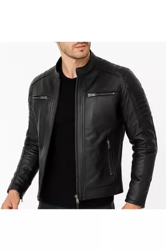 Men's black lambskin leather timeless style biker jacket