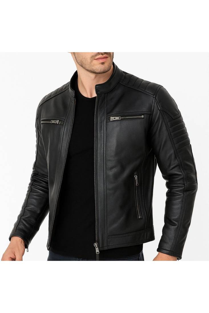 Men's black lambskin leather timeless style biker jacket