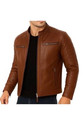 Men's genuine tan leather casual style daily wear biker jacket 1