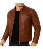 Men's genuine tan leather casual style daily wear biker jacket