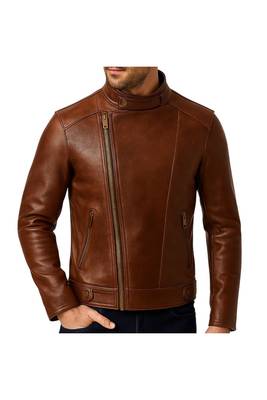 Men's brown leather minimal design genuine moto biker jacket 1