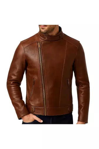 Men's brown leather minimal design genuine moto biker jacket