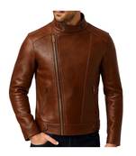 Men's brown leather minimal design genuine moto biker jacket
