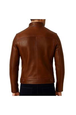 Men's brown leather minimal design genuine moto biker jacket 2