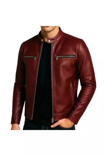 Men's red leather smart casual genuine moto  biker jacket