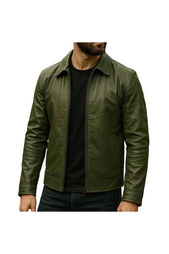 Men's olive green genuine leather iconic look moto biker jacket