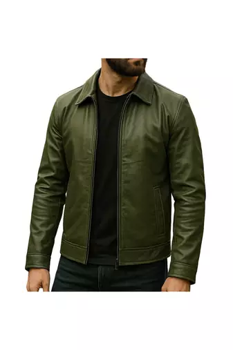 Men's olive green genuine leather iconic look moto biker jacket