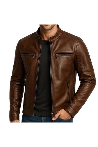 Men's brown genuine leather urban fashion moto biker jacket