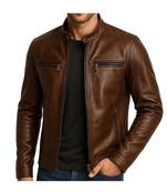 Men's brown genuine leather urban fashion moto biker jacket