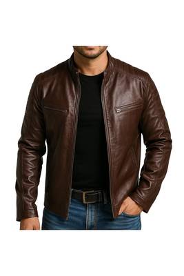 Men's brown leather daily wear real genuine lambskin  biker jacket 1