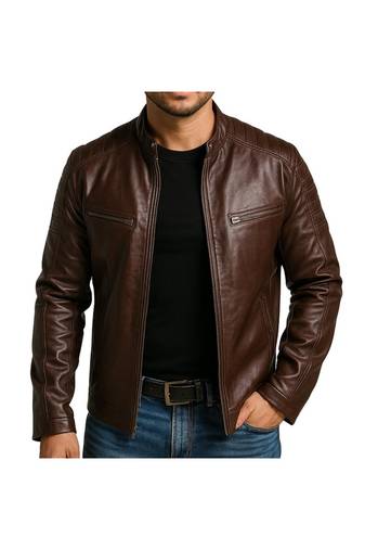 Men's brown leather daily wear real genuine lambskin  biker jacket