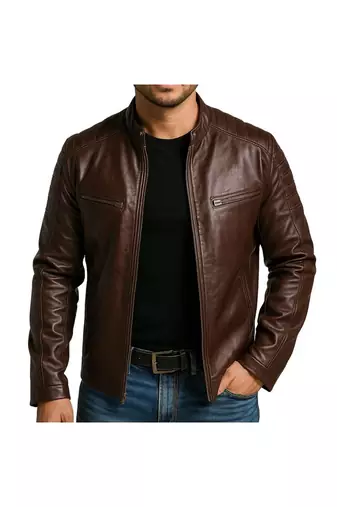 Men's brown leather daily wear real genuine lambskin  biker jacket