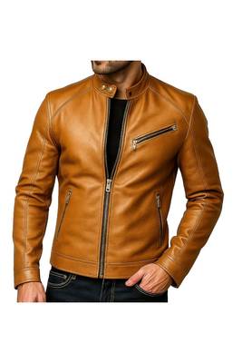 Men's genuine tan leather signature look moto biker jacket 1