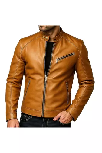 Men's genuine tan leather signature look moto biker jacket