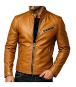 Men's genuine tan leather signature look moto biker jacket