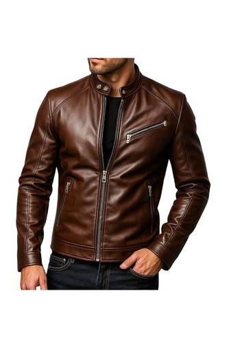 Men's genuine brown leather classic design casual biker jacket