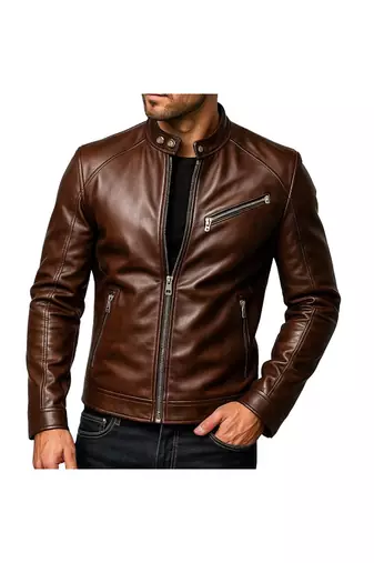 Men's genuine brown leather classic design casual biker jacket
