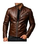 Men's genuine brown leather classic design casual biker jacket