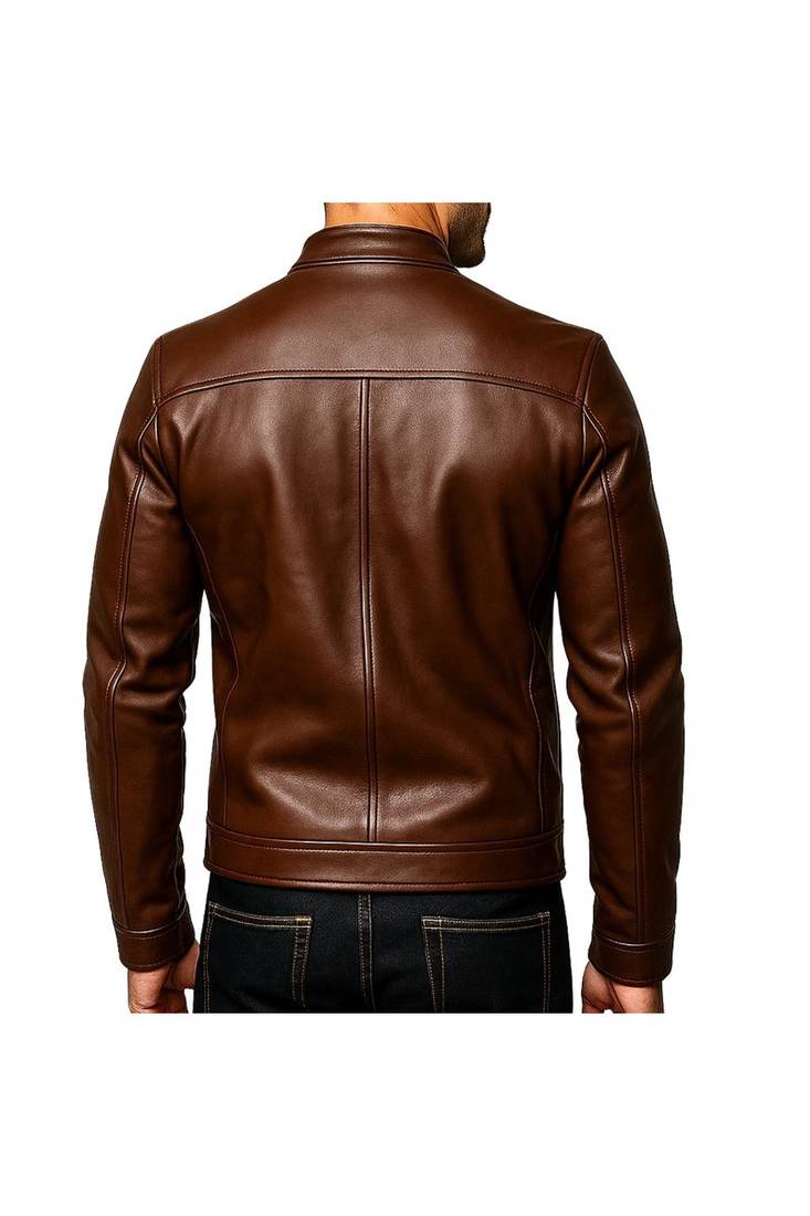 Men's genuine brown leather classic design casual biker jacket