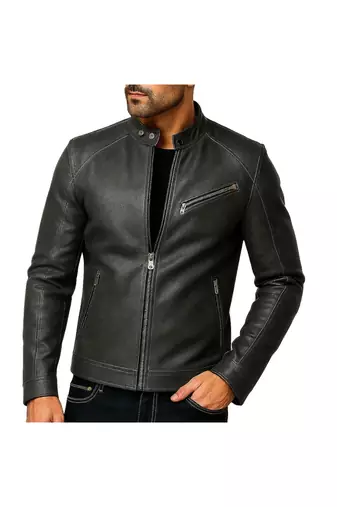 Men's black genuine leather premium finish biker jacket