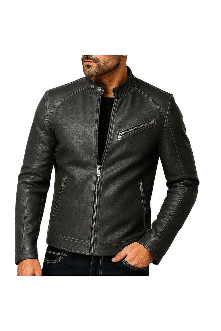 Men's black genuine leather premium finish biker jacket