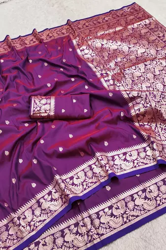 Wine soft silk blend saree with zari weaving meenakari design
