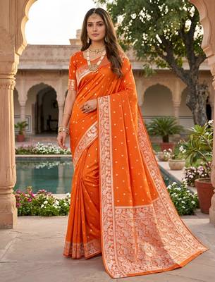 Orange soft silk blend saree with zari weaving meenakari design 1