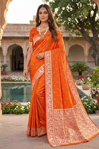 Orange soft silk blend saree with zari weaving meenakari design
