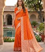 Orange soft silk blend saree with zari weaving meenakari design