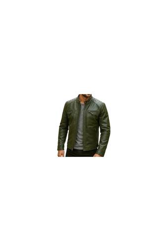 Men's olive green genuine leather casual style biker jacket