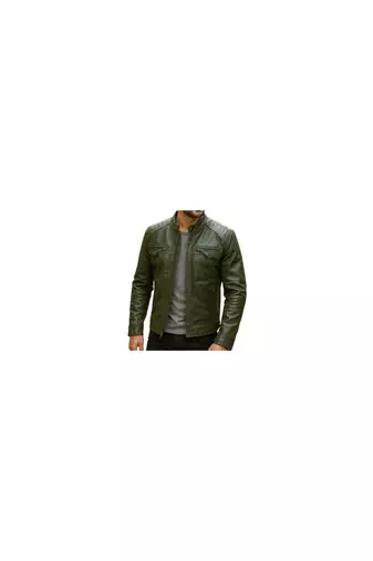 Men's olive green genuine leather casual style biker jacket