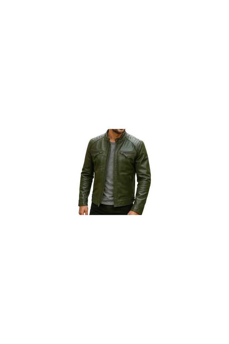 Men's olive green genuine leather casual style biker jacket