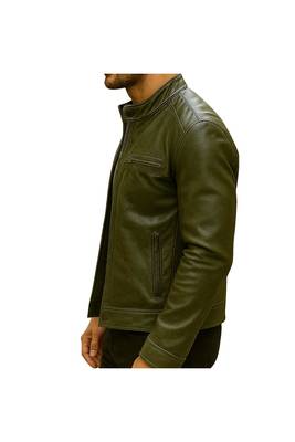 Men's olive green genuine leather casual style biker jacket 2