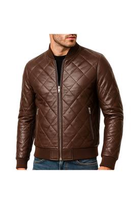 Men's brown soft genuine leather handcrafted bomber quilted jacket 1
