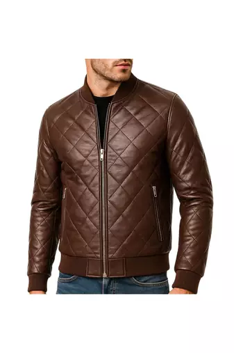Men's brown soft genuine leather handcrafted bomber quilted jacket