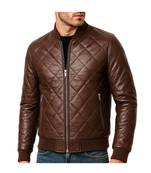 Men's brown soft genuine leather handcrafted bomber quilted jacket