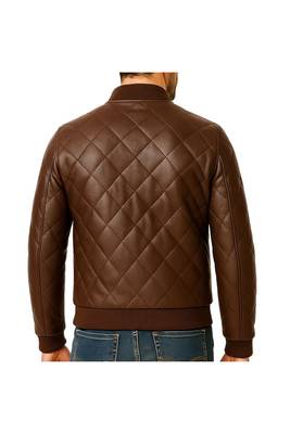 Men's brown soft genuine leather handcrafted bomber quilted jacket 2