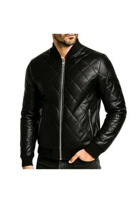 Men's black soft genuine leather tailored look bomber quilted jacket 1