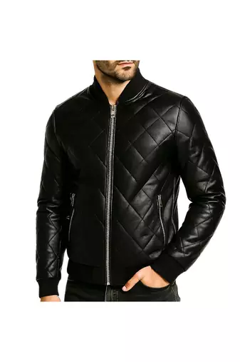 Men's black soft genuine leather tailored look bomber quilted jacket