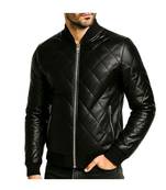 Men's black soft genuine leather tailored look bomber quilted jacket