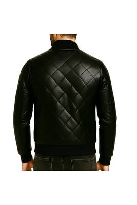 Men's black soft genuine leather tailored look bomber quilted jacket 2