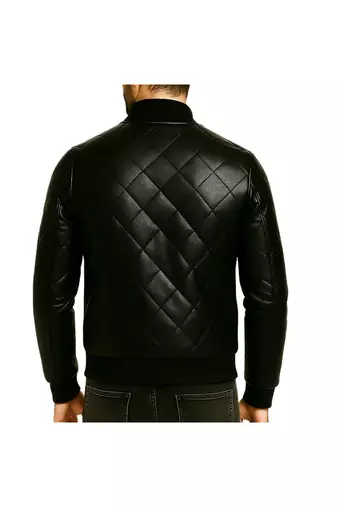 Men's black soft genuine leather tailored look bomber quilted jacket