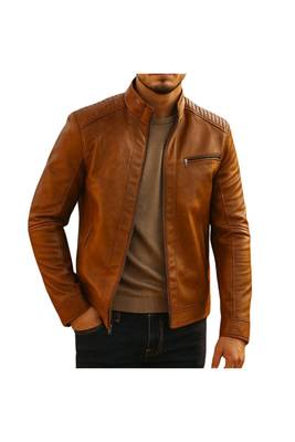Men's tan genuine leather street casual style daily wear jacket 1