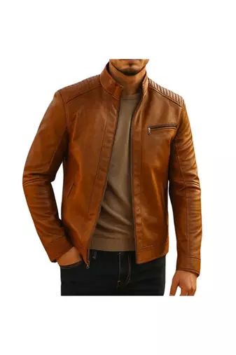 Men's tan genuine leather street casual style daily wear jacket