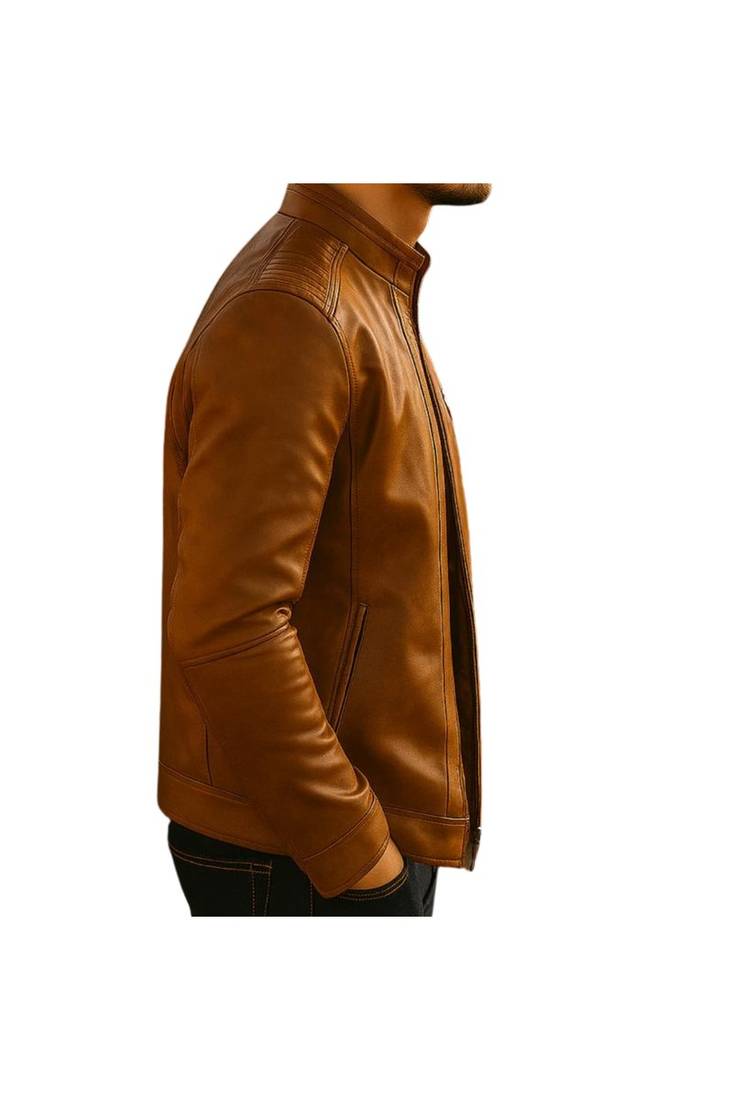 Men's tan genuine leather street casual style daily wear jacket