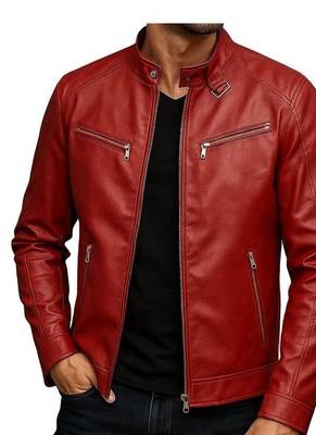 Men's red genuine leather street style casual daily wear jacket 1